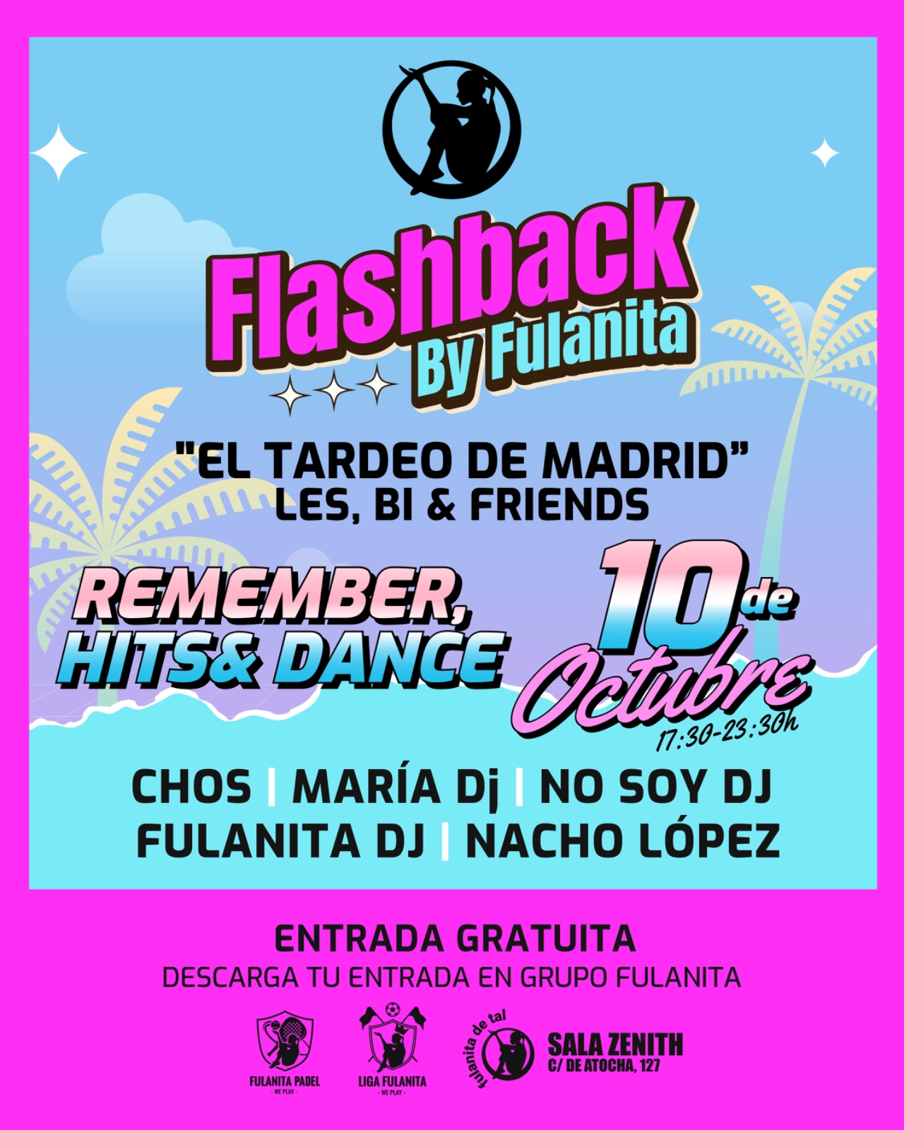 Cartel de la próxima edición de Flashback, tardeo remember para lesbianas en Madrid