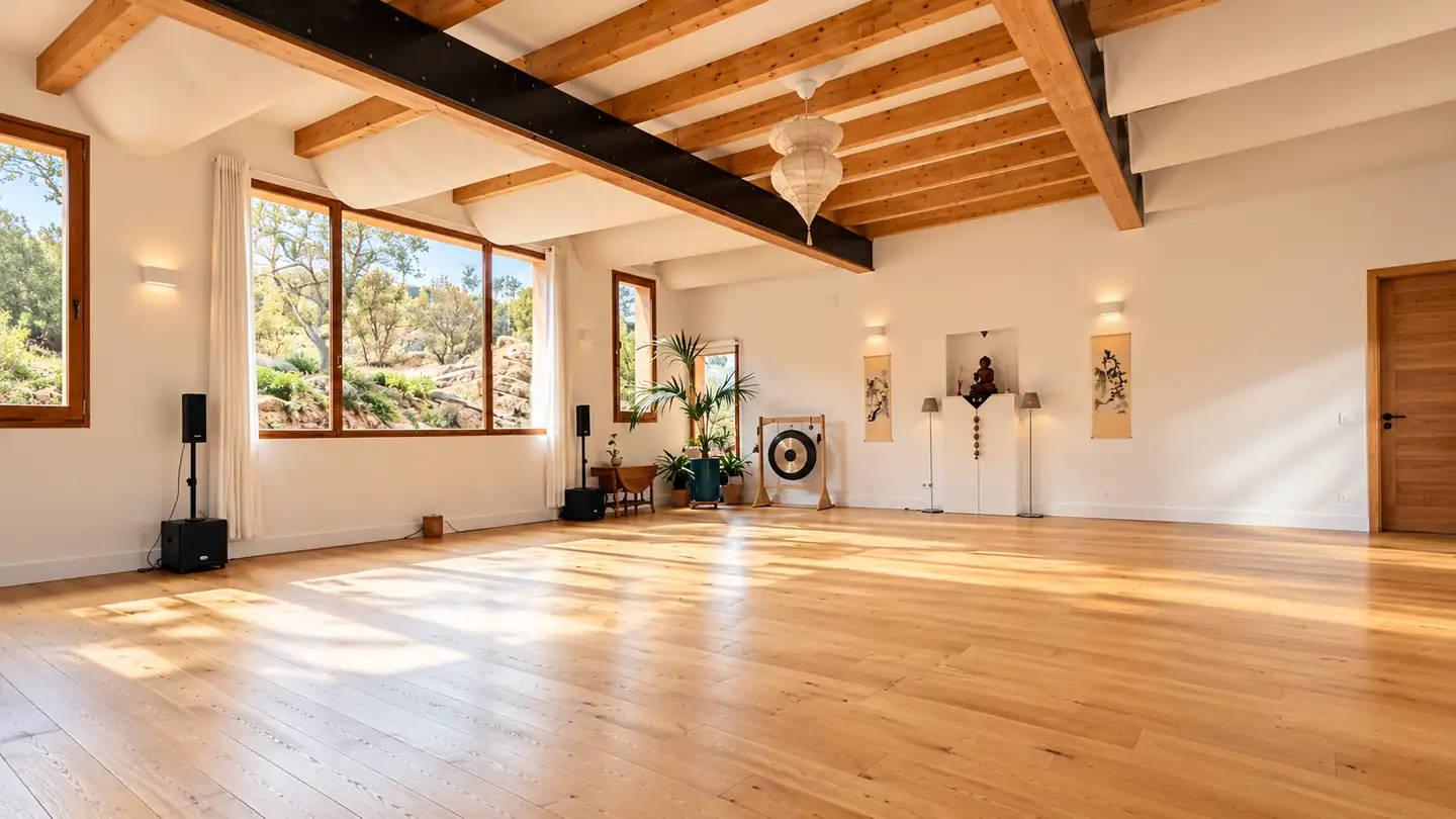 Sala de talleres con vigas de madera y suelo de roble, luminosa y tranquila